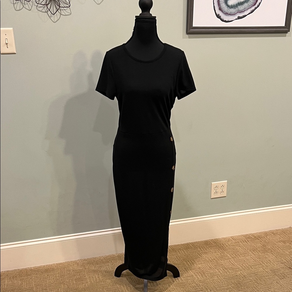 Chic Black Midi Dress with Button Details - NWOT